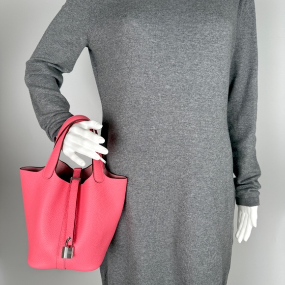 Authentic HERMES Picotin Lock 18 PM Pink Rose Azalee Taurillon Clemence Satchel - Picture 11 of 11